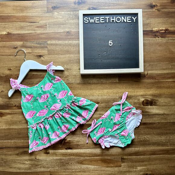 NEW SweetHoney Maddi Tankini Swimsuit Set Flamingos Green Pink Ruffle Preppy  5 - Picture 1 of 9